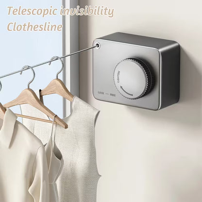 Telescopic invisibility clothesline with a switch on a wall, clothes hanging on it.