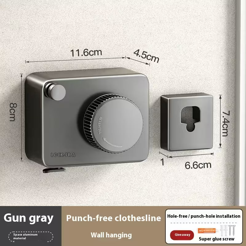 Gray clothesline with dimensions and installation details on a neutral background