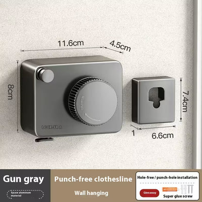 Gray clothesline with dimensions and installation details on a neutral background