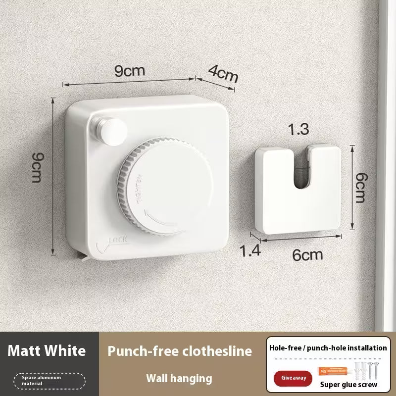 Matt White punch-free clothesline wall hanging with dimensions on a gray background