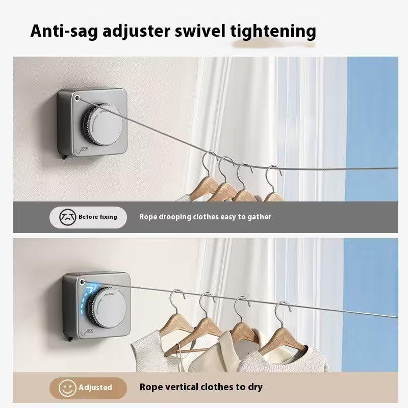 Anti-sag adjuster swivel tightening device on a wall with clothes hanging below.