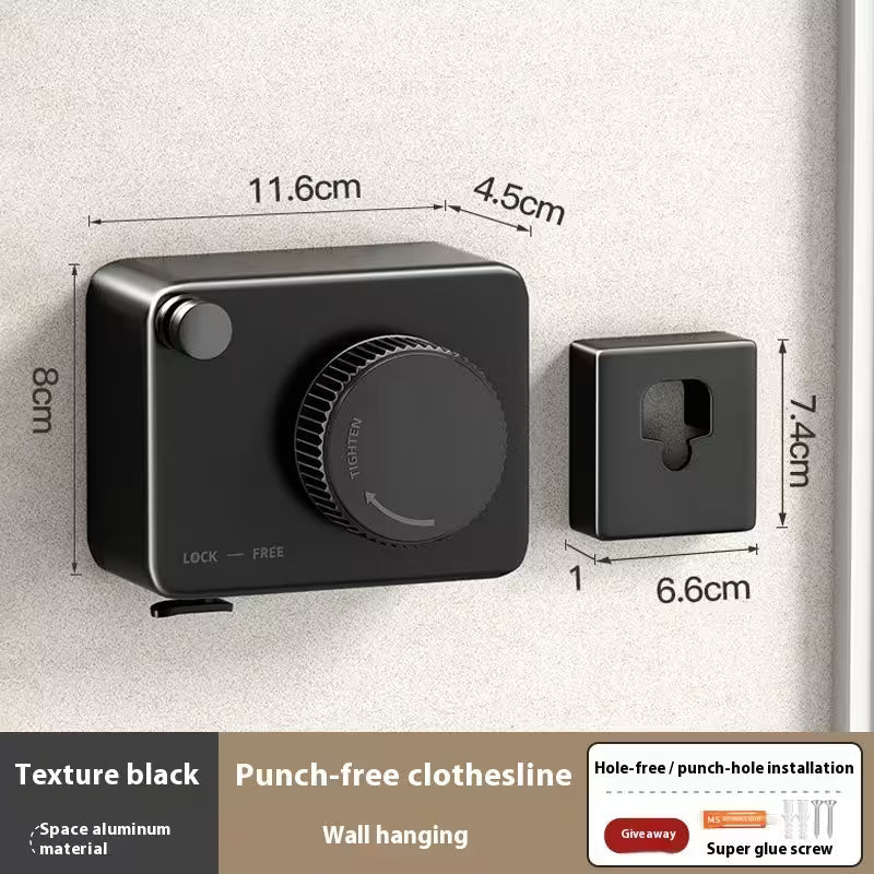 Black clothesline with dimensions and installation details on a gray background