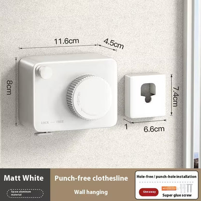 Matt white punch-free clothesline wall hanging with dimensions on a textured wall background