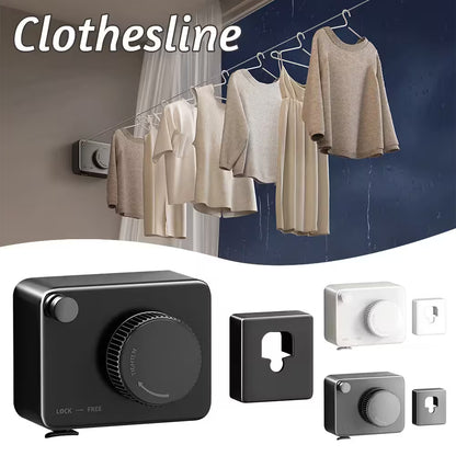 Clothesline with hanging clothes and related hardware components on a white background