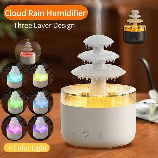 Cloud rain humidifier with three-layer design and 7-color light feature on a wooden surface.