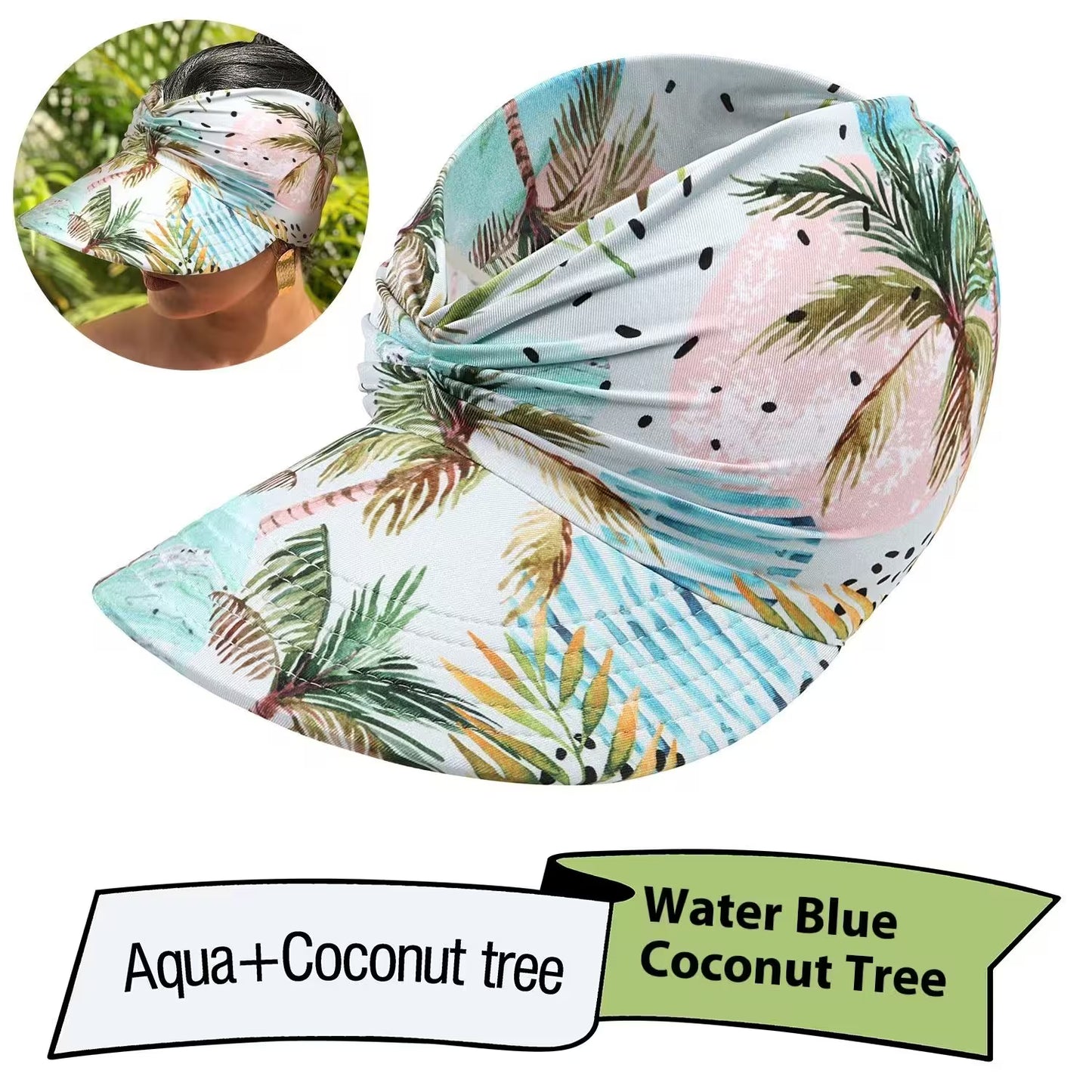 Tropical patterned headscarf with palm trees and watermelon design, shown on a white background.