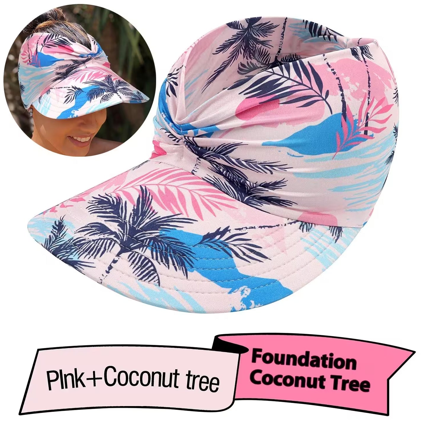 Colorful bucket hat with palm tree pattern on a white background