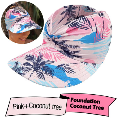 Colorful bucket hat with palm tree pattern on a white background