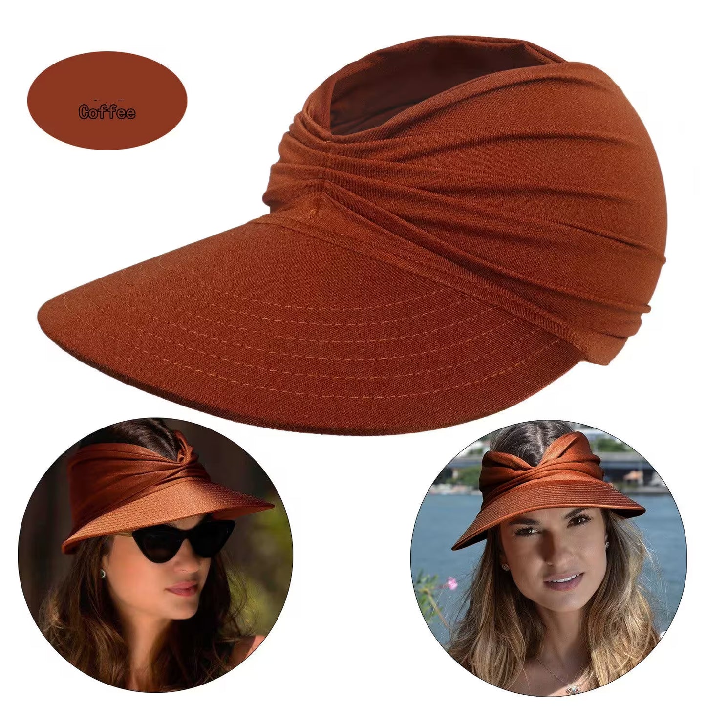 Brown visor cap with color swatch and wearer examples on a white background