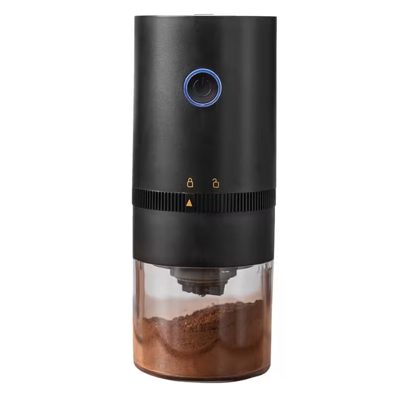 Black coffee grinder with clear container on a white background