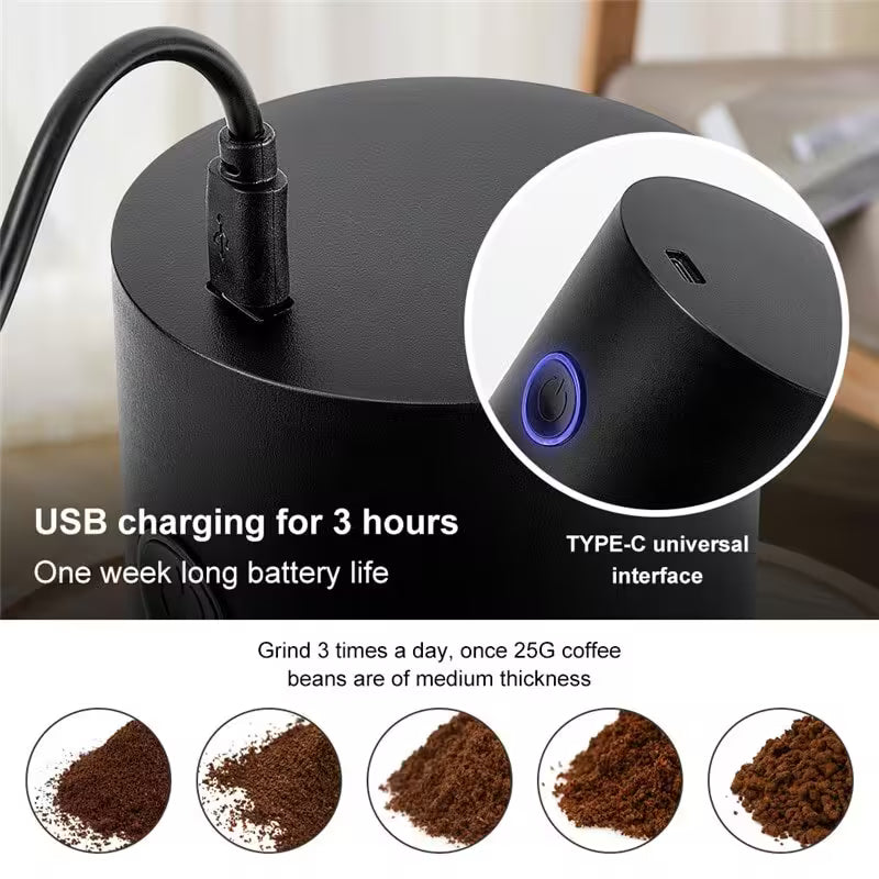 Black coffee grinder with USB charging feature and coffee grind size demonstration.