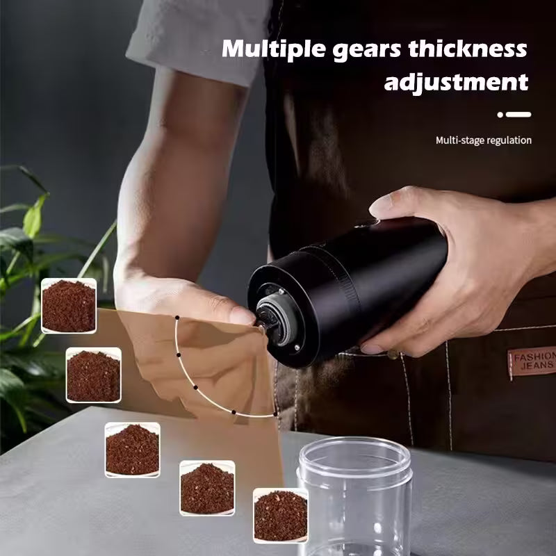 Person using a coffee grinder with multiple gear thickness adjustment options displayed.