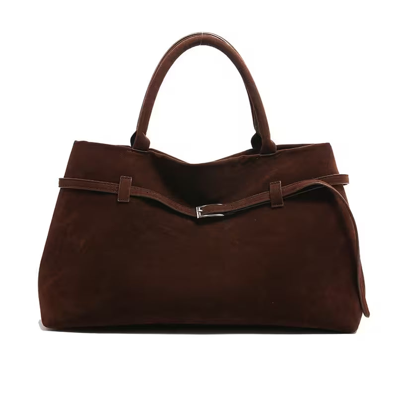 Brown handbag with a belt detail on a white background