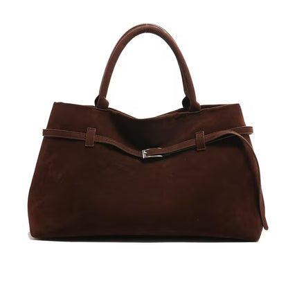 Brown handbag with a belt detail on a white background