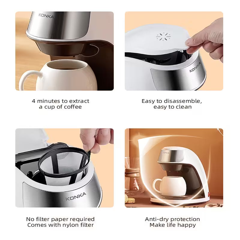 Konka coffee maker with features highlighted on a white background