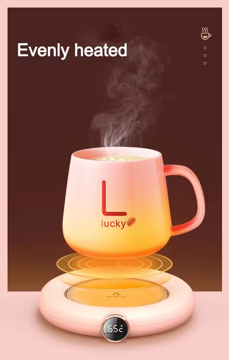 Heated mug with steam on a pink base, displaying 'Evenly heated' text.