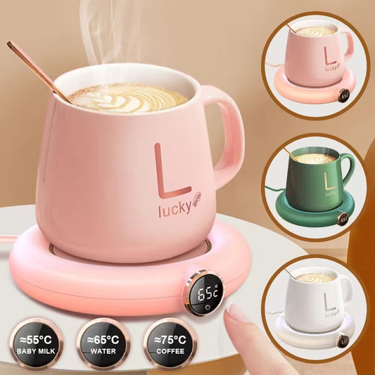 Pink mug with digital temperature display on a beige background