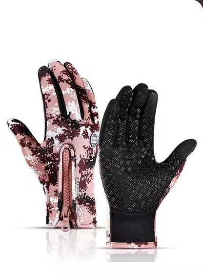 Pair of camouflage gloves with a black palm on a white background