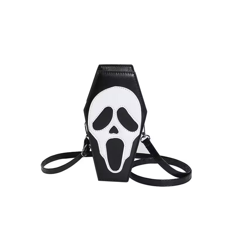 Black bag with a white face design resembling a scream on a white background