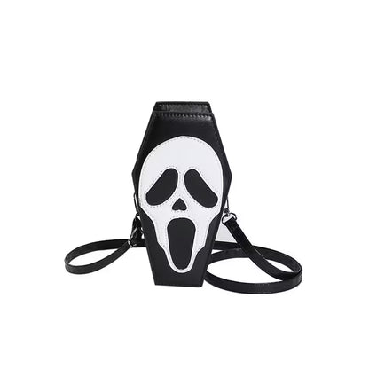 Black bag with a white face design resembling a scream on a white background