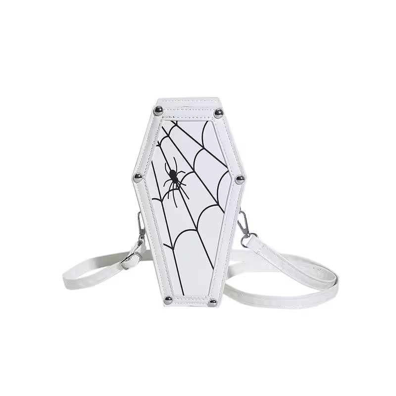 White coffin-shaped bag with spider web design on a white background