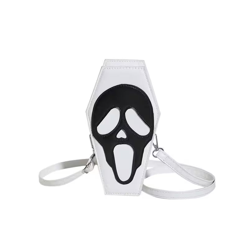White crossbody bag with black ghost face design on a white background