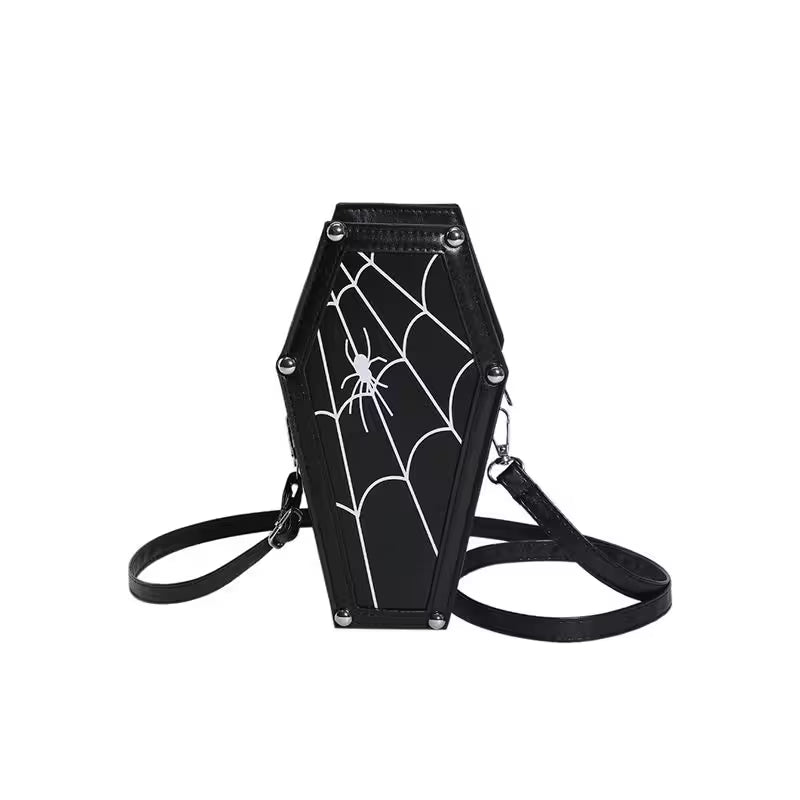 Black coffin-shaped bag with spider web design on a white background