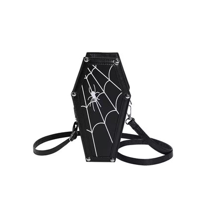 Black coffin-shaped bag with spider web design on a white background