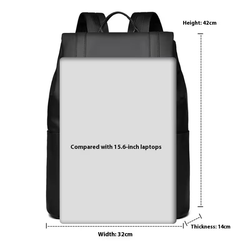 Black backpack with measurements and laptop comparison text on a white background