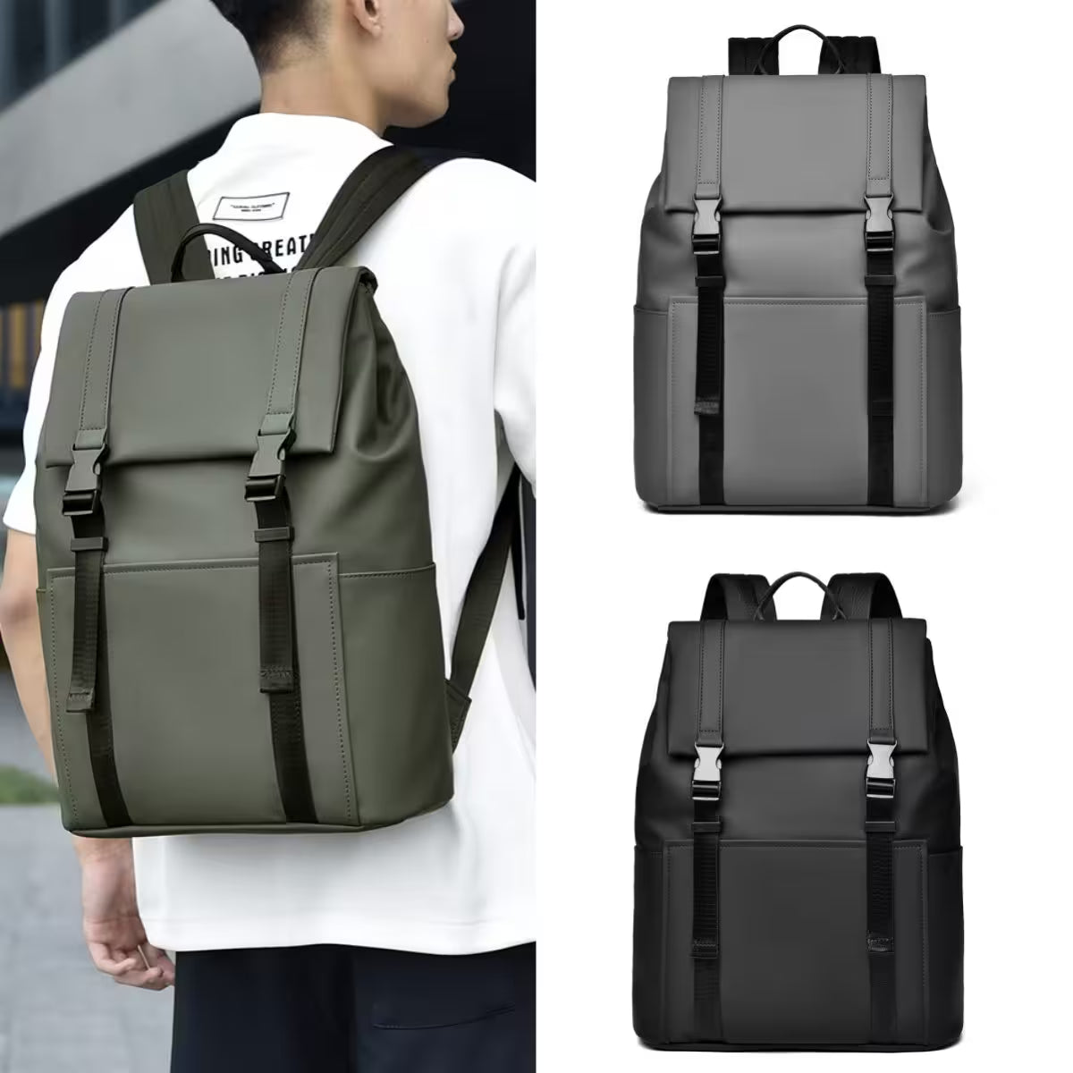 Green backpack worn by a person, with additional views of gray and black backpacks on a white background.