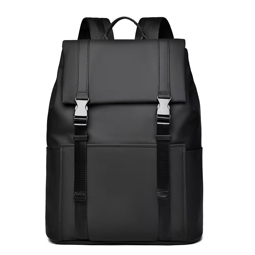 Black backpack with silver buckles on a white background