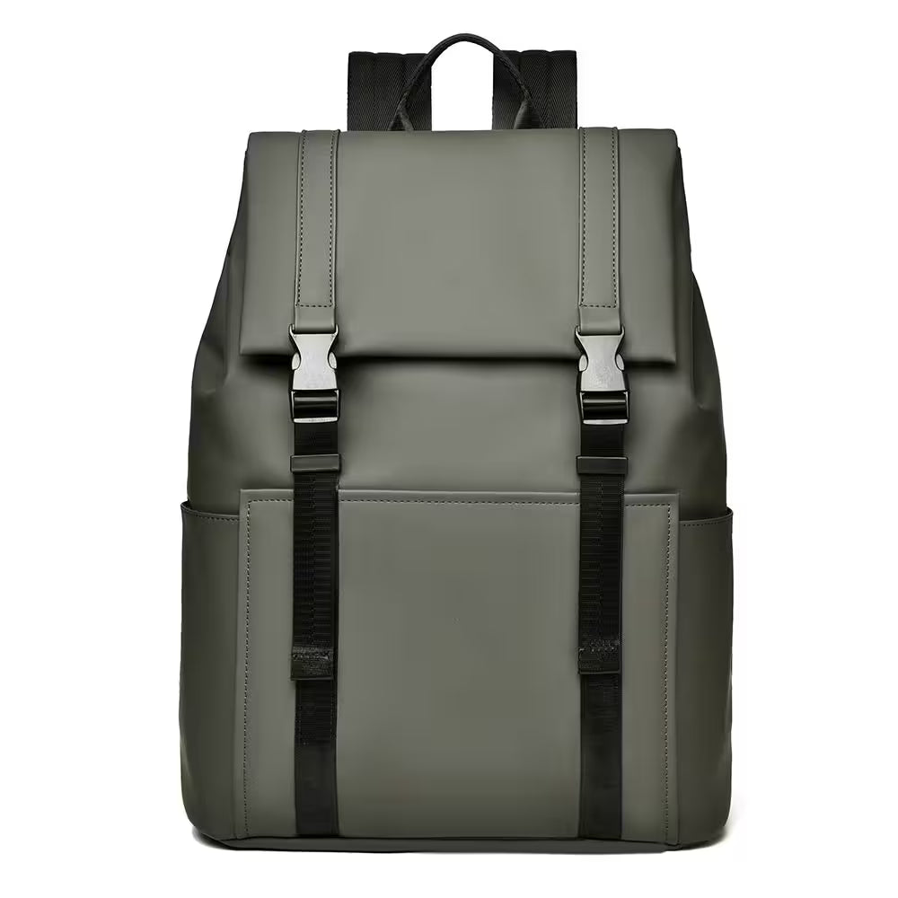 Green backpack with black straps on a white background