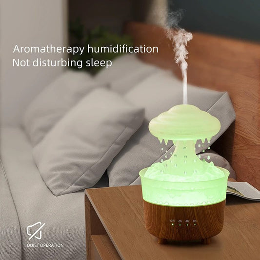 Aromatherapy humidifier emitting mist on a wooden table with a couch in the background