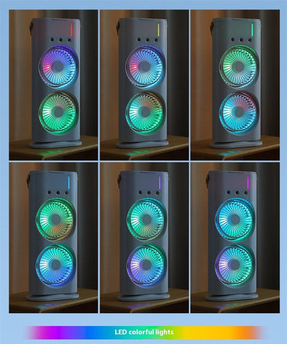 Multicolored LED lights on a fan with a blue border