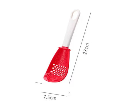 Red kitchen tool with white handle and measurements on a white background