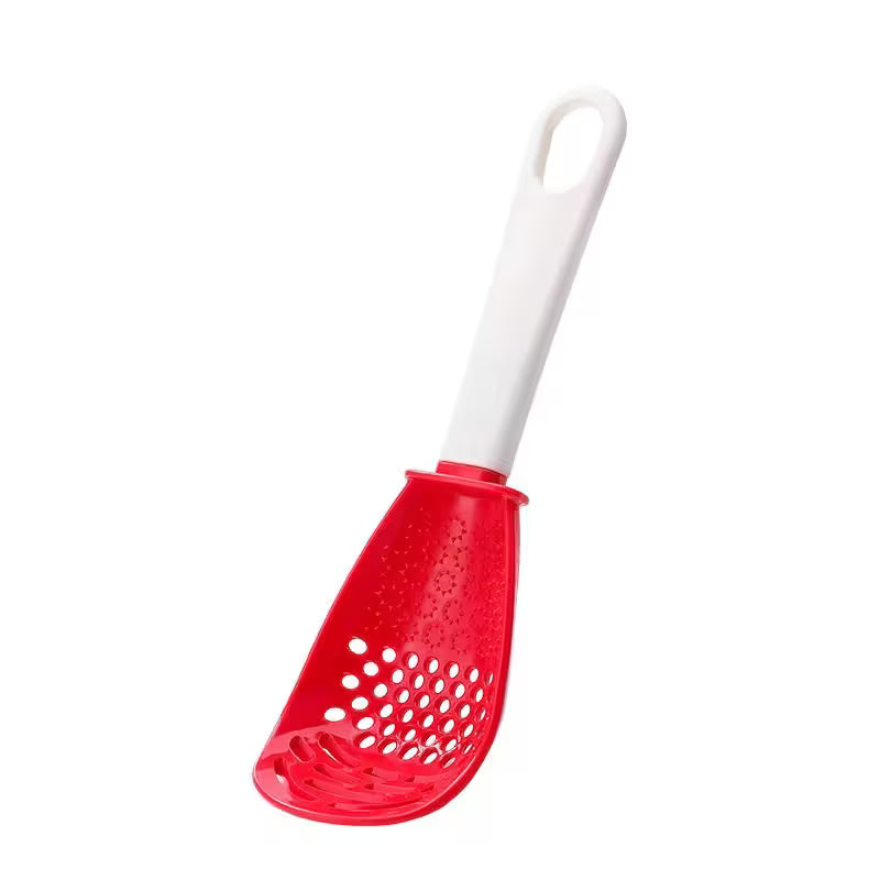 Red kitchen tool with a white handle on a white background