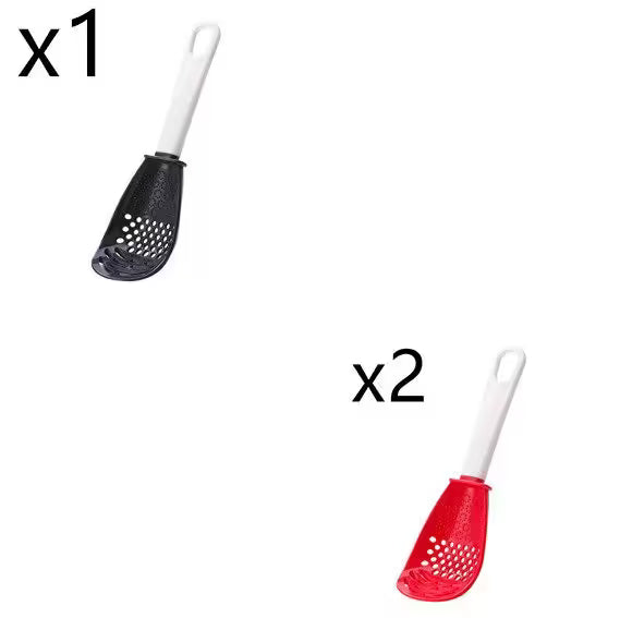 Two red kitchen tools with white handles and one black kitchen tool with a white handle on a white background.