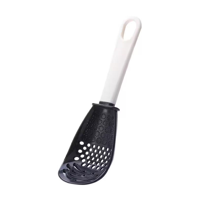 Black perforated spoon with white handle on a white background