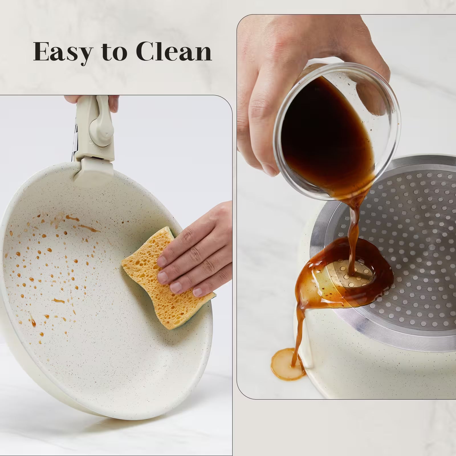 Pots and pans with a sponge and a bowl with a liquid being poured, labeled 'Easy to Clean'.