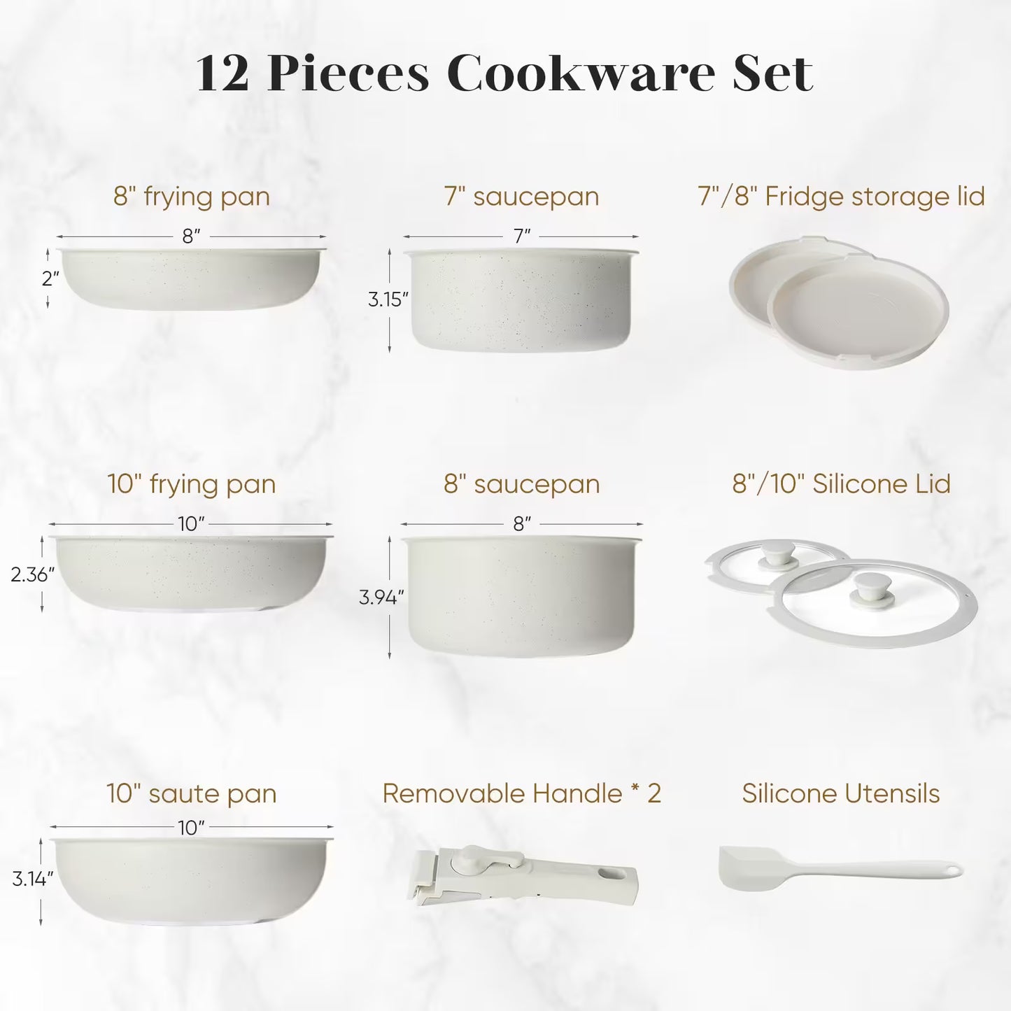 12-piece cookware set with dimensions and components on a white background