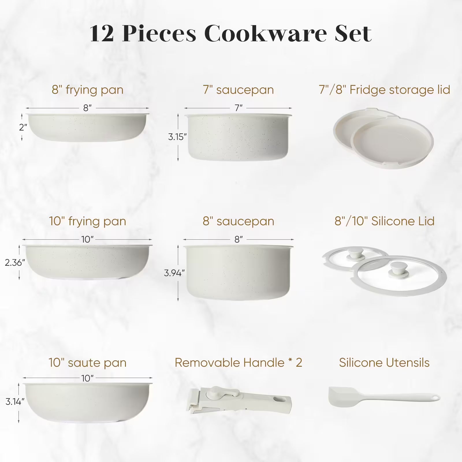 12-piece cookware set with dimensions and components on a white background