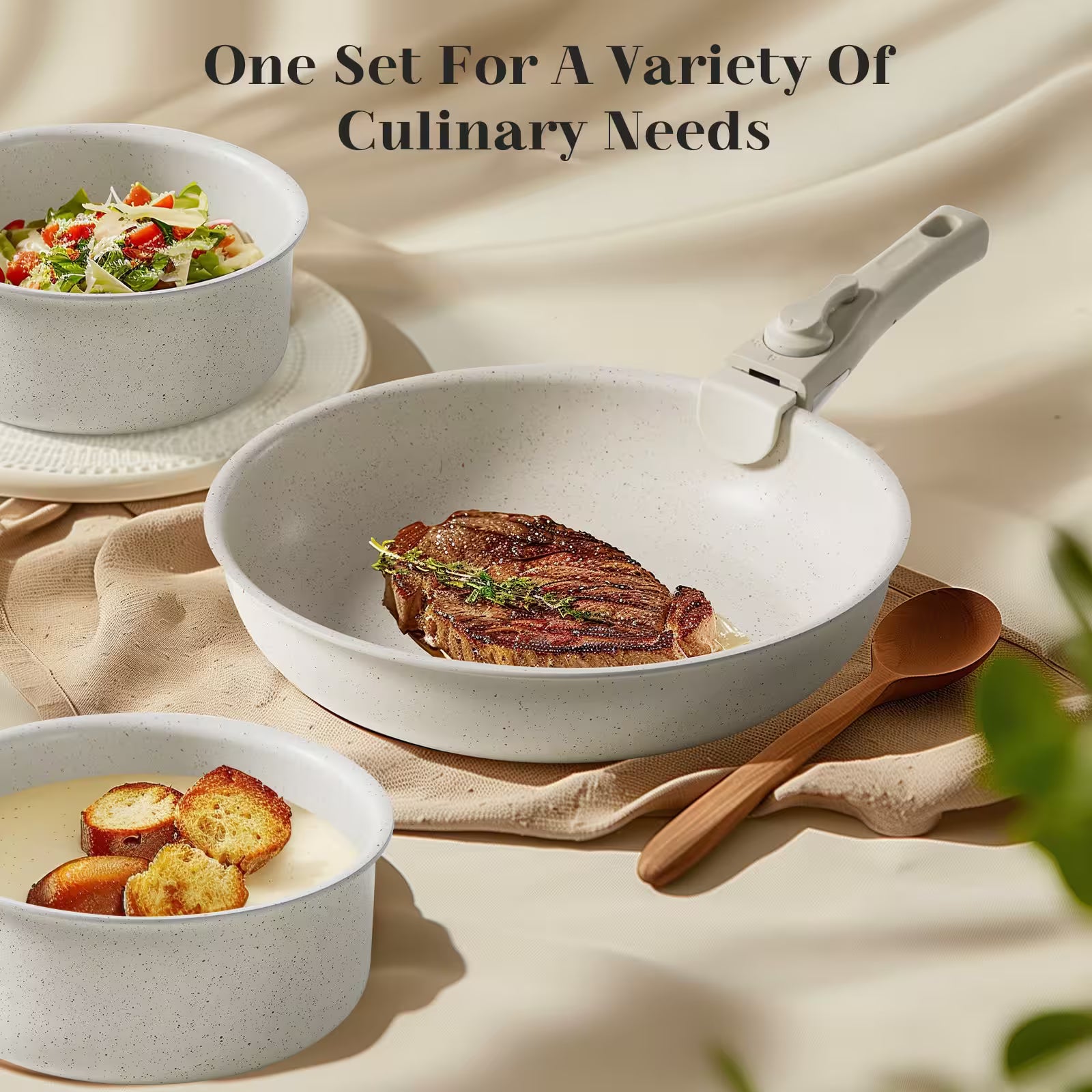 White ceramic dish with cooked steak and side dishes on a neutral background