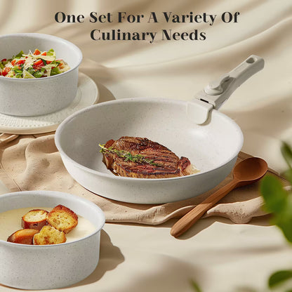 White ceramic dish with cooked steak and side dishes on a neutral background