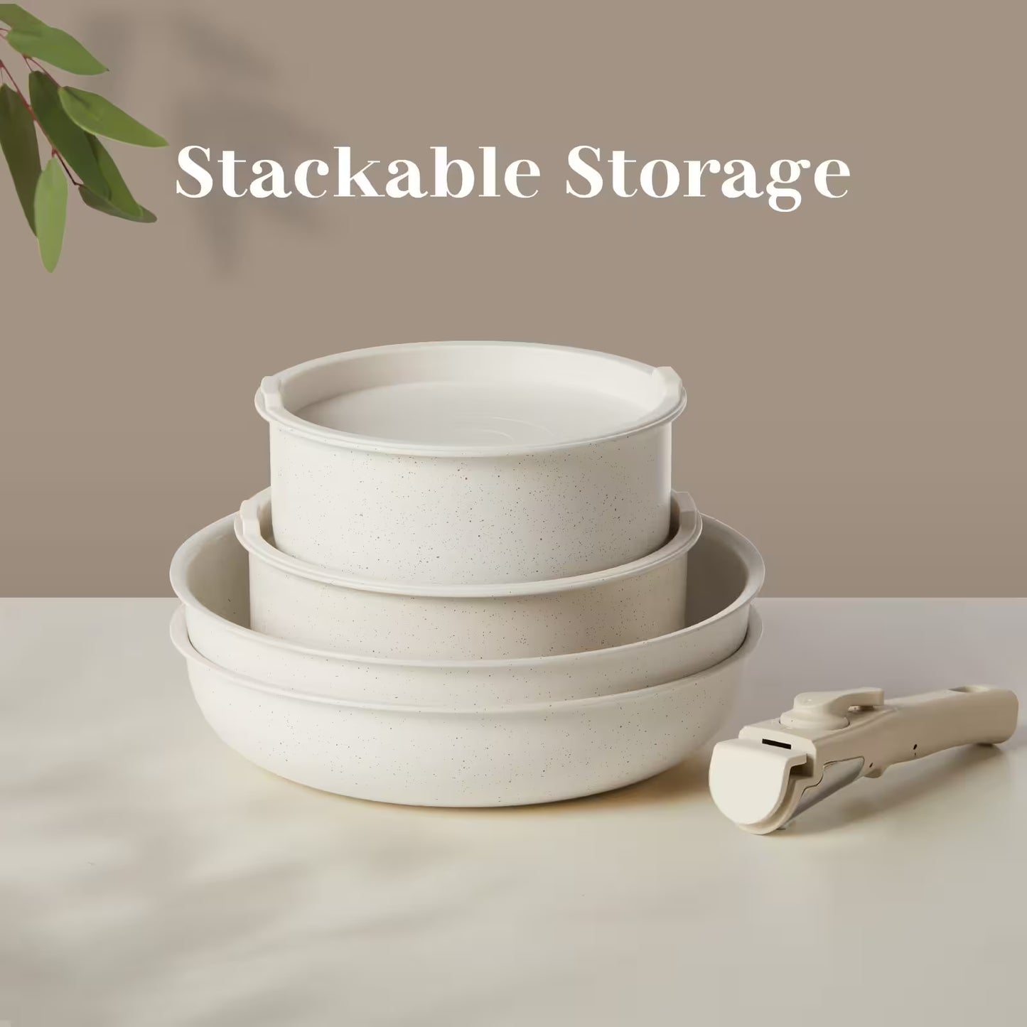 Stackable storage bowls with a clip on a neutral background