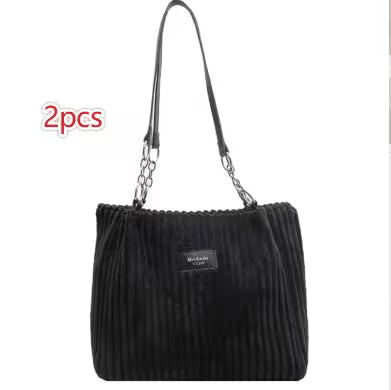 Black pleated handbag with chain strap on a white background