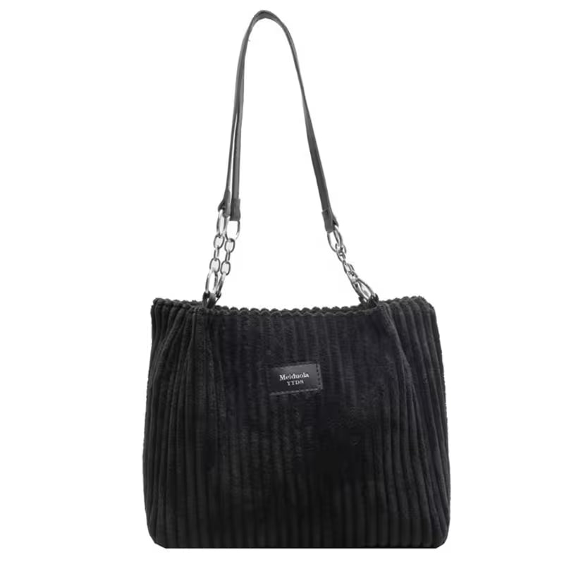 Black ribbed handbag with a chain strap on a white background