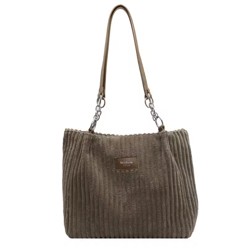 Brown ribbed handbag with a chain detail on a white background