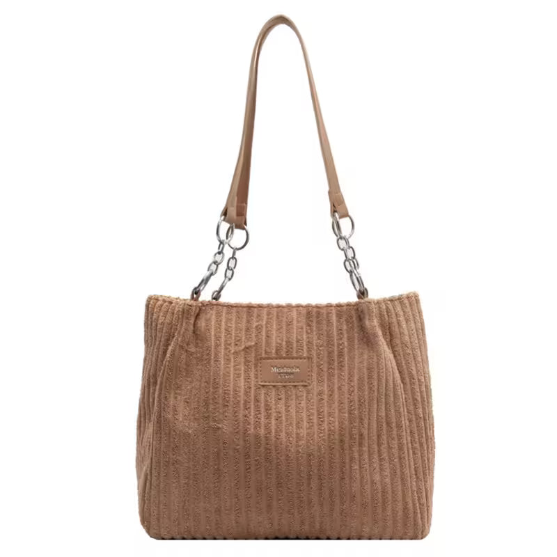 Brown textured handbag with a chain detail on a white background