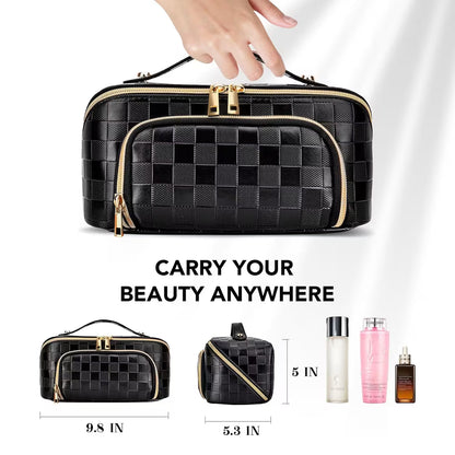 Black woven cosmetic bag with gold accents, hand holding it, and beauty products below.