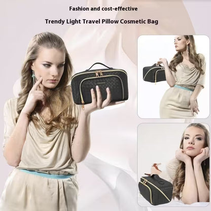 Woman holding a black travel pillow cosmetic bag with text 'Fashion and cost-effective Trendy Light Travel Pillow Cosmetic Bag'.